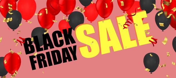Black friday sale banner layout  posters or flyers design with balloons and confetti. Vector illustration. Place for text. - Vektori, kuva