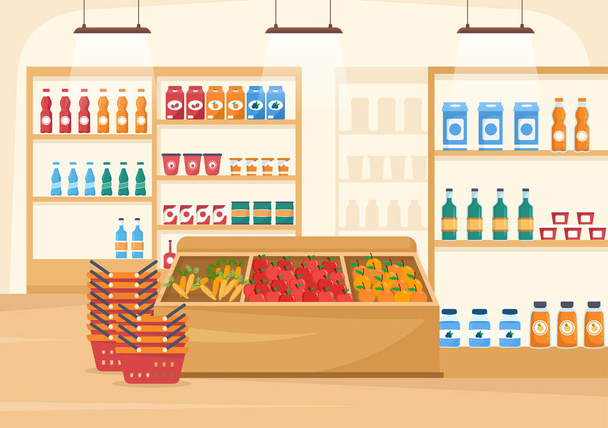 Épicerie ou supermarché avec étagères, étagères pour produits alimentaires, produits laitiers, fruits et boissons pour faire du shopping dans des gabarits dessinés à la main pour dessins animés plats Illustration - Vecteur, image