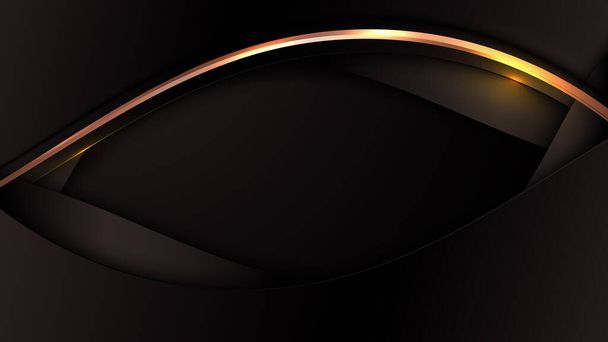 Abstract 3D luxury black color wave lines with shiny golden curved line decoration and glitter lighting effect on dark background. Vector illustration - Vektör, Görsel