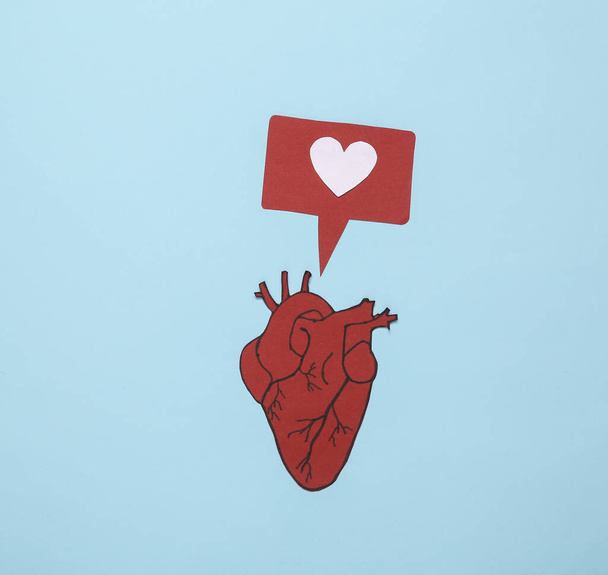 Anatomical heart and like icon on a blue background. Heart health concept - Valokuva, kuva