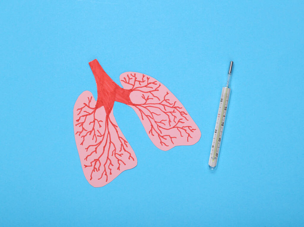 Lung health concept. Treatment and diagnosis. Paper cut human lungs and thermometer on blue background. Top view - Photo, Image