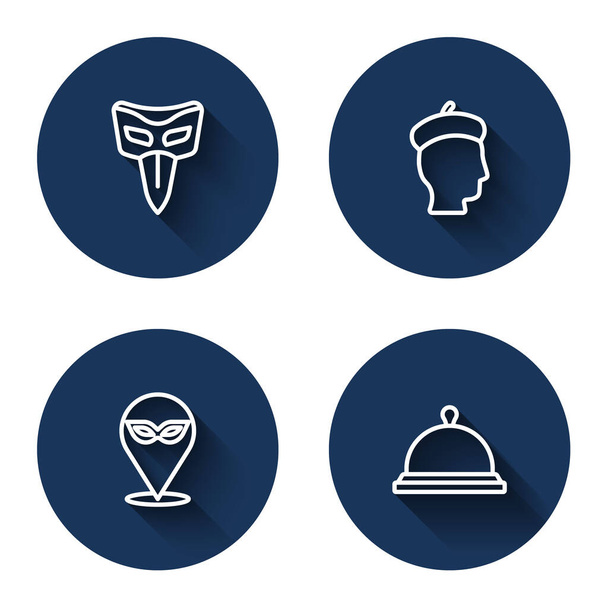 Set line Carnival mask French man and Covered with tray of food with long shadow. Blue circle button. Vector. - Vector, Image