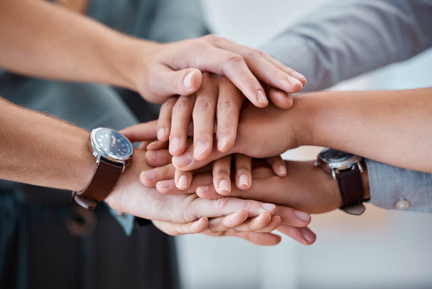 Diversity, hands and support for team trust, care and unity piling in collaboration for community. Closeup hand of people in teamwork solidarity, partnership or agreement for business success. - Foto, Bild