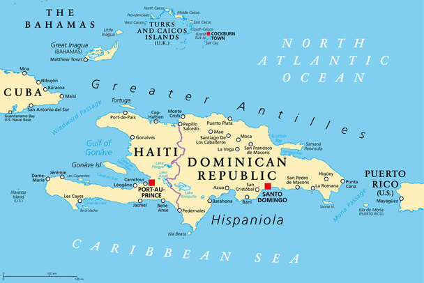 Испаньола и окрестности, политическая карта. Карибский остров, разделенный на Гаити и Доминиканскую Республику, часть Великих Антильских островов, рядом с Кубой, Багамскими островами, Пуэрто-Рико, Терксами и Кайкосом. - Вектор,изображение
