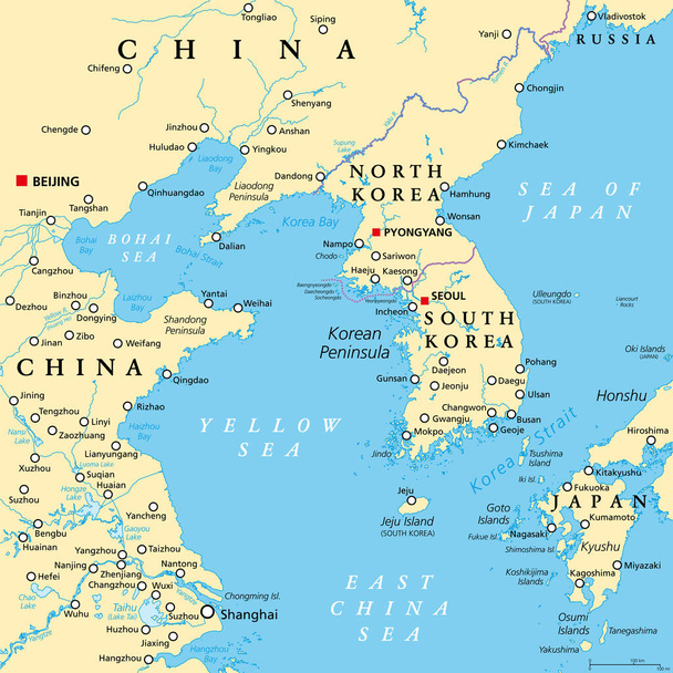 Koreai-félszigeti régió, politikai térkép. Észak-Korea és Dél-Korea között felosztott, Kína és Oroszország által határolt, Japántól Koreai-szoros által elválasztott félszigeti régió. - Vektor, kép