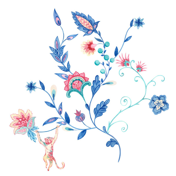 Beautiful vector floral composition with watercolor flower elements painted in old traditional turkish arabesque style. Stock clip art illustration. - ベクター画像