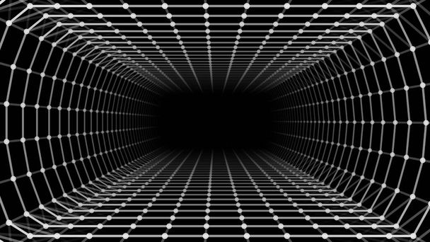Abstract futuristic infinite tunnel. Dynamic wireframe black funnel. Fantazy fractal with lines and dots. Deep wormhole with particle flow. Vector illustration. - ベクター画像