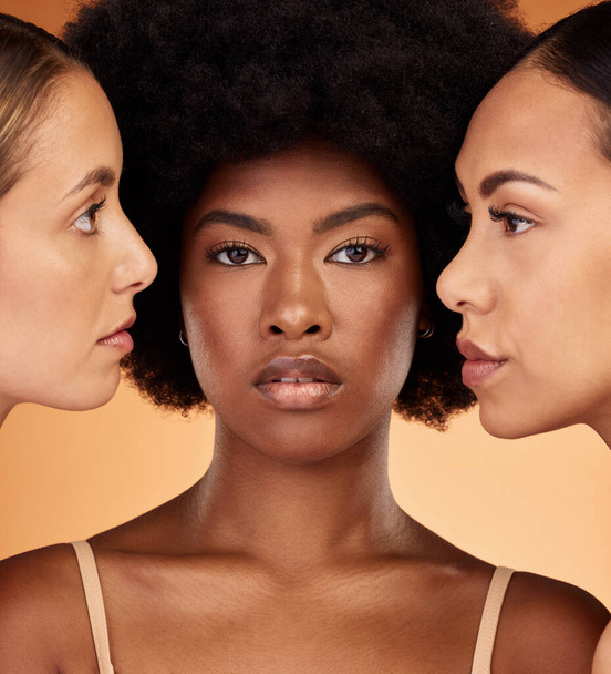 Beauty, diversity and skincare with model woman friends in studio on a pastel color wall background for empowerment. Skin, health and face with a proud female group posing for inclusion or wellness. - 写真・画像