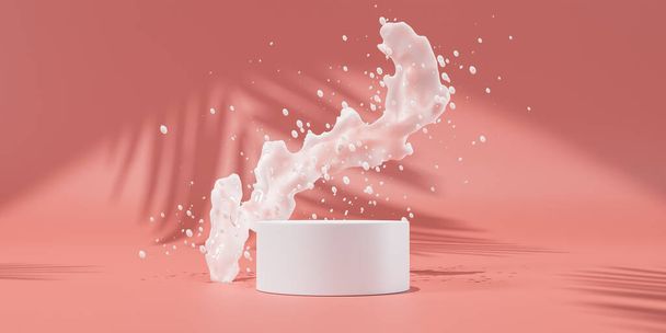 Liquido, acqua o latte spruzzando nel podio bianco isolato su fondo bianco, rendering 3d. - Foto, immagini