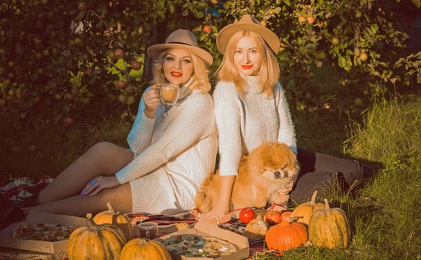 Two blonde girls on a picnic, ladies friendship love concept of relationship. Friends lifestyle - Foto, Bild