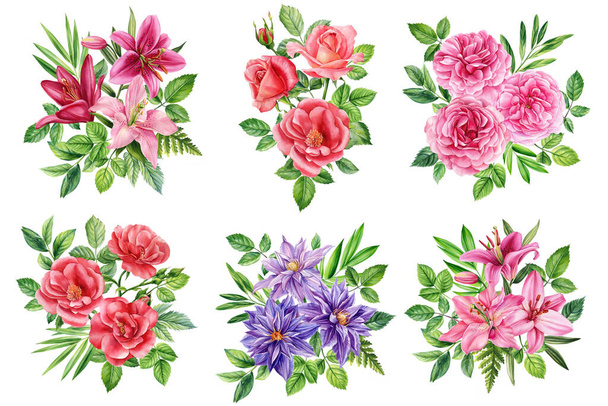 Set van aquarel bloemenelementen, Delicate bloemen op een witte achtergrond. Wenskaarten, huwelijksuitnodigingen. Hoge kwaliteit illustratie - Foto, afbeelding