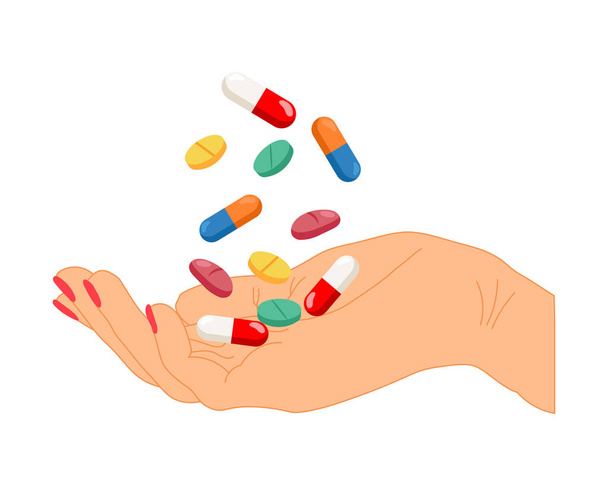 Χέρια και ιατρικά χάπια και φαρμακευτικές κάψουλες. Η έννοια της φαρμακευτικής. Εικονογράφηση, διάνυσμα - Διάνυσμα, εικόνα