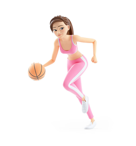 3d sporty woman running with basketball, illustration isolated on white background - Foto, afbeelding