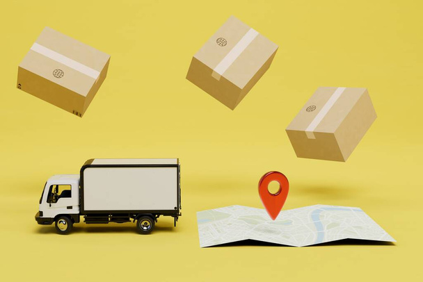 consegna di più pacchi all'indirizzo. mappa con indirizzo, camion e pacchi su sfondo giallo. Rendering 3D. - Foto, immagini