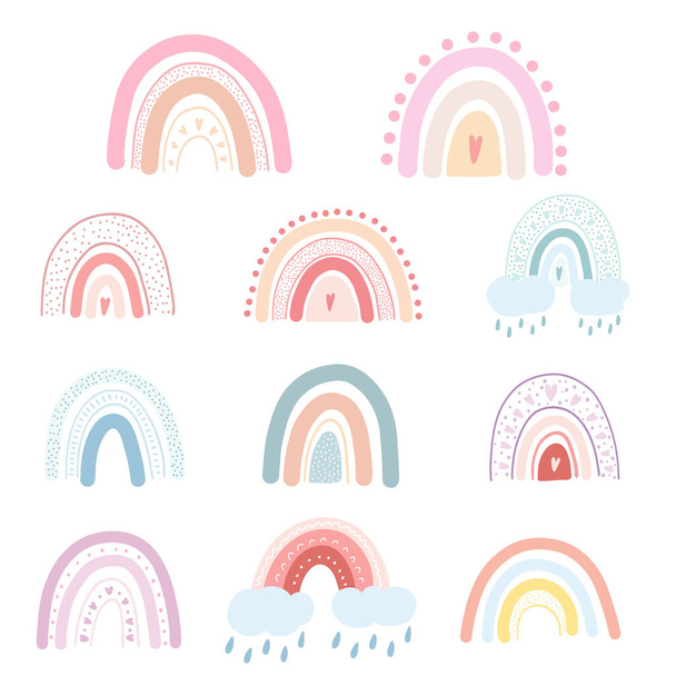 Handgezeichnete Regenbögen mit Herzen, Wolken, Regentropfen. Vektor Illustration von bunten pastellfarbenen Regenbogen kindischen skandinavischen Stil für Stoffdruck, Bekleidung, Kinder Textildesign, Karte. - Vektor, Bild