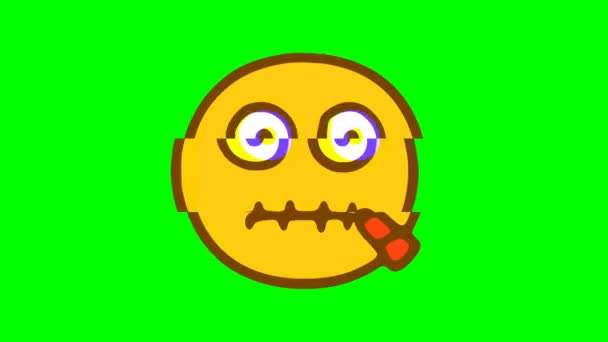Closed mouth emoticon glitch effect on green background. Funny character. Emoji motion graphics. - Footage, Video