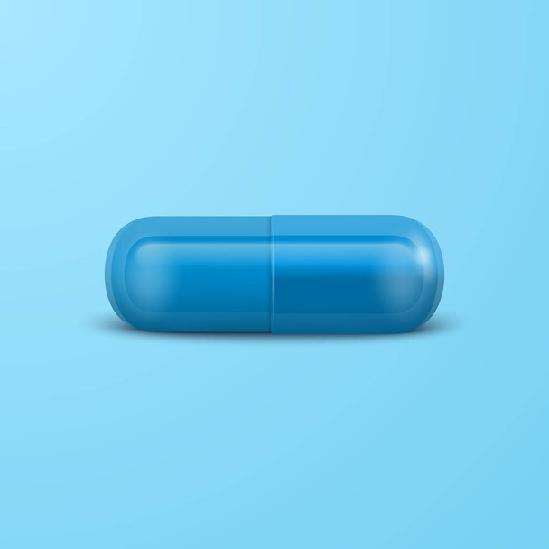 Vector 3d Realistic Blue Pharmaceutical Medical Pill, Capsule, Tablet on Blue Background. Front View. Copy Space. Medicine, Male Health Concept. - Vetor, Imagem