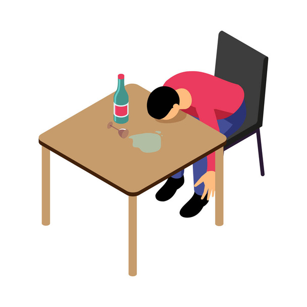 Isometrischer männlicher Alkoholiker liegt auf Tisch 3d Vektor Illustration - Vektor, Bild