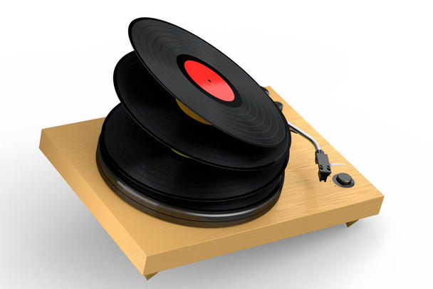 Vinyl record player or DJ turntable with flying vinyl plate on white background. 3d render of sound equipment and concept for sound entertainment. - Φωτογραφία, εικόνα
