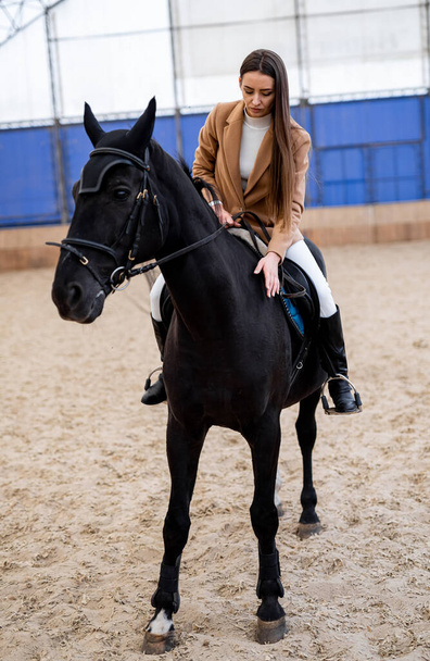 Pretty jockey on a horseback. Young beautiful female horse rider. - Photo, image