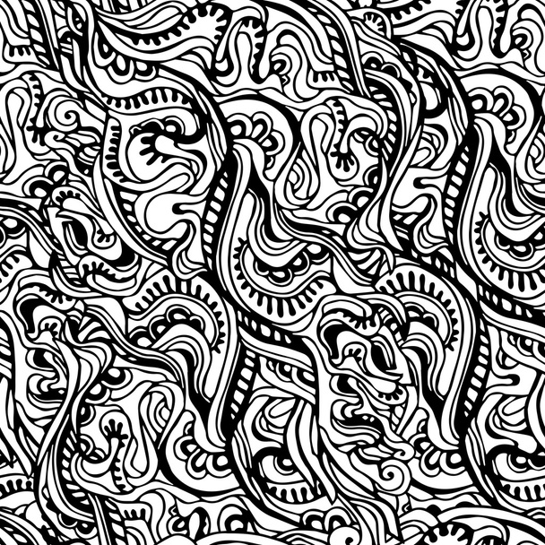 Seamless wave hand-drawn pattern, waves background in black and white - Vector, Image