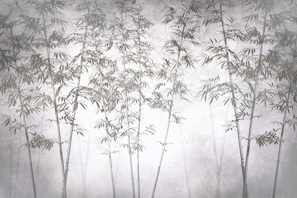 tropical trees and leaves in foggy forest wallpaper design - 3D illustration - Fotoğraf, Görsel