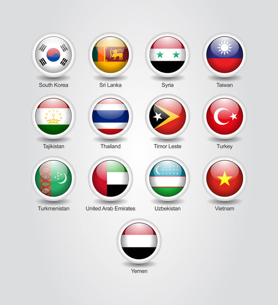 Ícones 3D conjunto círculo brilhante para os países da Ásia bandeiras. - Vetor, Imagem