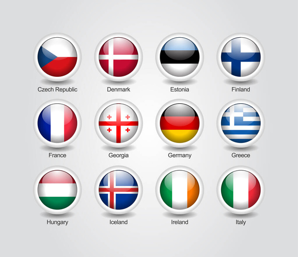Ícones 3D conjunto círculo brilhante para a Europa países bandeiras. - Vetor, Imagem