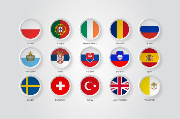 Icone 3D cerchio di goffratura impostato per i paesi europei bandiere. - Vettoriali, immagini