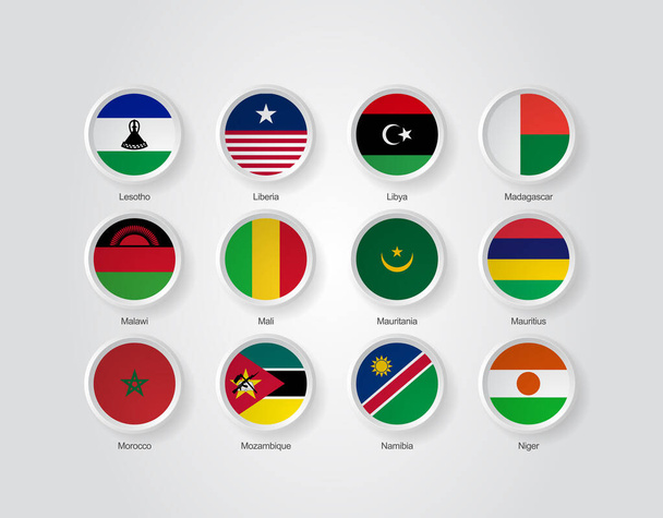 Iconos 3D en relieve conjunto círculo para las banderas de los países de África. - Vector, Imagen