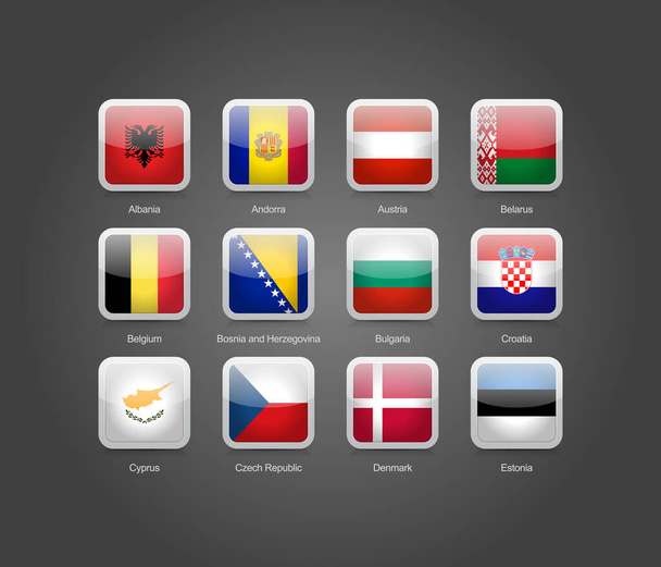 Icone 3D set rettangolo arrotondato lucido di bandiere europee. - Vettoriali, immagini