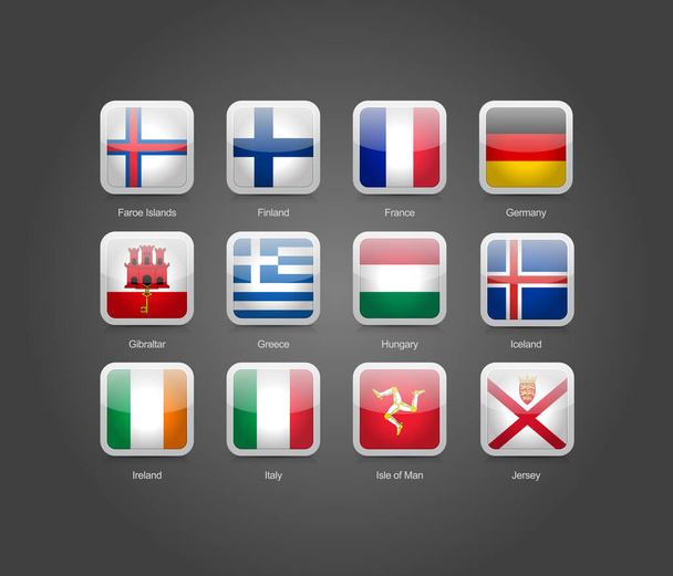 Iconos 3D conjunto rectángulo redondeado brillante de banderas de Europa. - Vector, Imagen