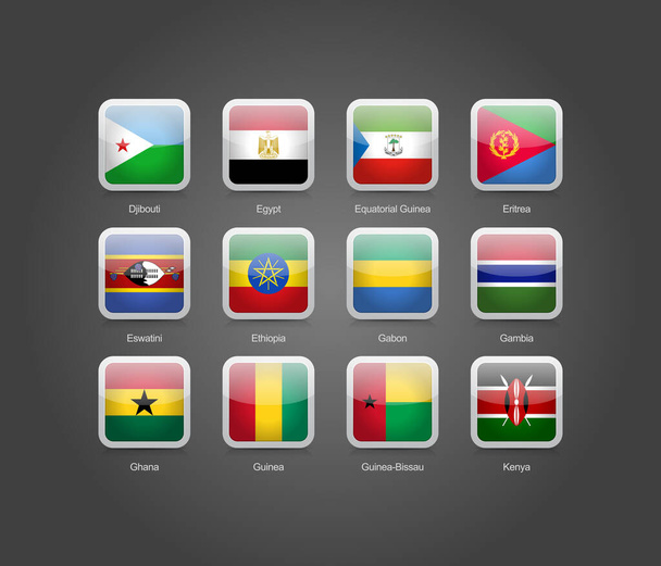 3D icone lucido rettangolo arrotondato set di bandiere Africa. - Vettoriali, immagini