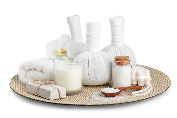 Beautiful spa composition with different care products isolated on white - Fotó, kép