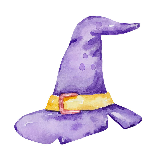 Acuarela halloween púrpura bruja sombrero aislado - Foto, Imagen