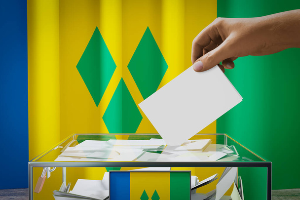 Saint Vincent en de Grenadines vlag, met de hand laten vallen stemkaart in een doos - stemmen, verkiezingsconcept - 3D illustratie - Foto, afbeelding