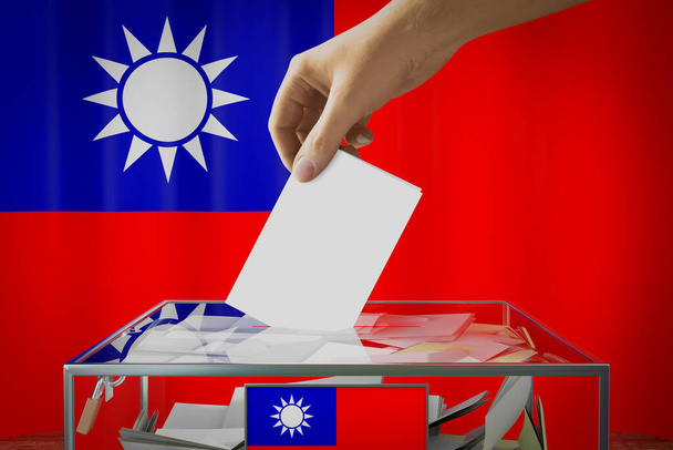 Bandera de Taiwán, mano dejando caer la tarjeta de votación en una caja - votación, concepto electoral - Ilustración 3D - Foto, imagen