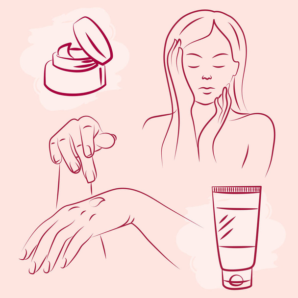 vrouwelijke zorg hand gezicht lichaam lijn - Vector, afbeelding