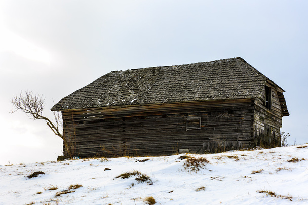 Старий дерев'яний сарай в сільській місцевості, взимку
 - Фото, зображення