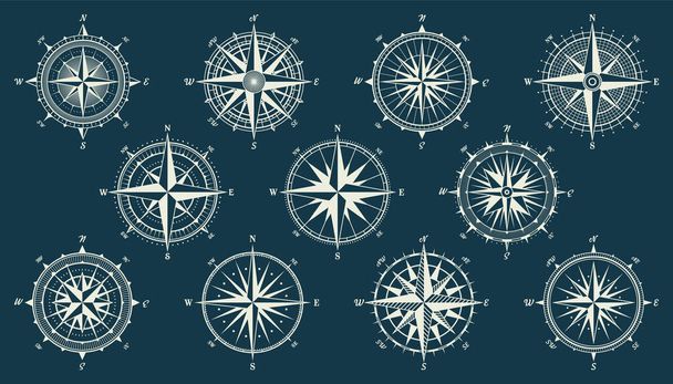 Vintage tengeri szélrózsa, hajózási térkép. Monokróm navigációs iránytű észak, kelet, dél, nyugat felé. Földrajzi helyzet, térképészet és navigáció. Vektorillusztráció - Vektor, kép