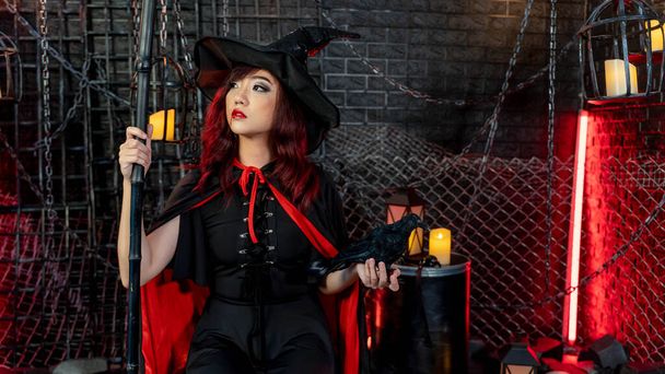 Belle femme portant costume de sorcière tenant poupée corbeau et le personnel dans le thème halloween - Photo, image