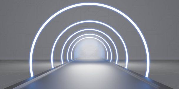 Αφηρημένη διάδρομο σήραγγα με ακτίνες του φωτός και νέες ανταύγειες Αφηρημένη νέον φόντο Σκηνή με ακτίνες και γραμμές Γύρω τόξο φως σε κίνηση νύχτα 3D εικονογράφηση - Φωτογραφία, εικόνα