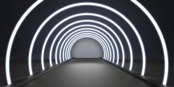Corredor de túnel abstracto con rayos de luz y nuevos reflejos Fondo abstracto neón Escena con rayos y líneas Arco redondo luz en movimiento noche Ilustración 3D - Foto, imagen