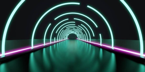 Абстрактный туннельный коридор с лучами света и новыми бликами Абстрактный фон Неоновая сцена с лучами и линиями Вокруг арки свет в движении ночью 3D иллюстрация - Фото, изображение