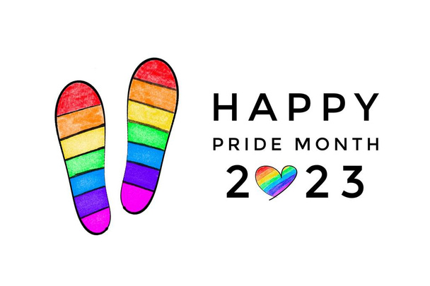 Hand drawing of slippers in rainbow colors with texts happy pride month 2023, concept for calling people to attend lgbtq+ celebrations event in pride month all over the world. - Photo, Image