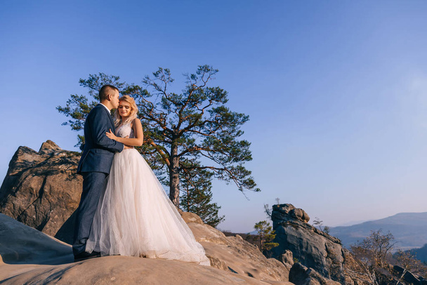 Casal de recém-casados abraço, noivo e noiva em uma bela vista nas montanhas. Conceito de casamento. - Foto, Imagem