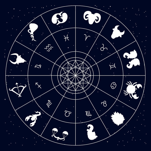 Astrologické znaky zvěrokruhu v mystickém kruhu na noční obloze. Ilustrace horoskopu, vektor - Vektor, obrázek
