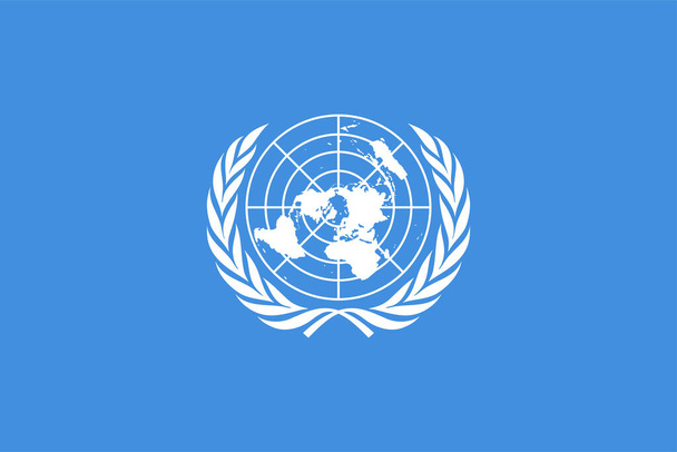 Birleşmiş Milletler bayrağı (BM), uluslararası toprak, beyaz BM amblemi - iki zeytin dalı ile çevrili kutup azimuthal projeksiyon dünya haritası - mavi arka planda - Vektör, Görsel