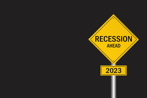 Znak drogowy: recesja przed nami - 2023 na czarnym tle - Wektor, obraz