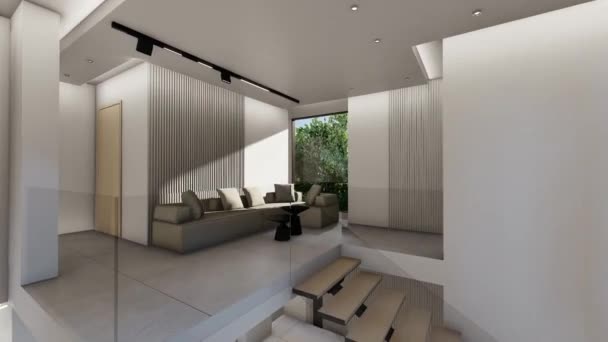 Moderno diseño interior de la habitación dúplex con sofá y almohadas. Muestra de diseño arquitectónico para interiores de apartamentos modernos. - Metraje, vídeo